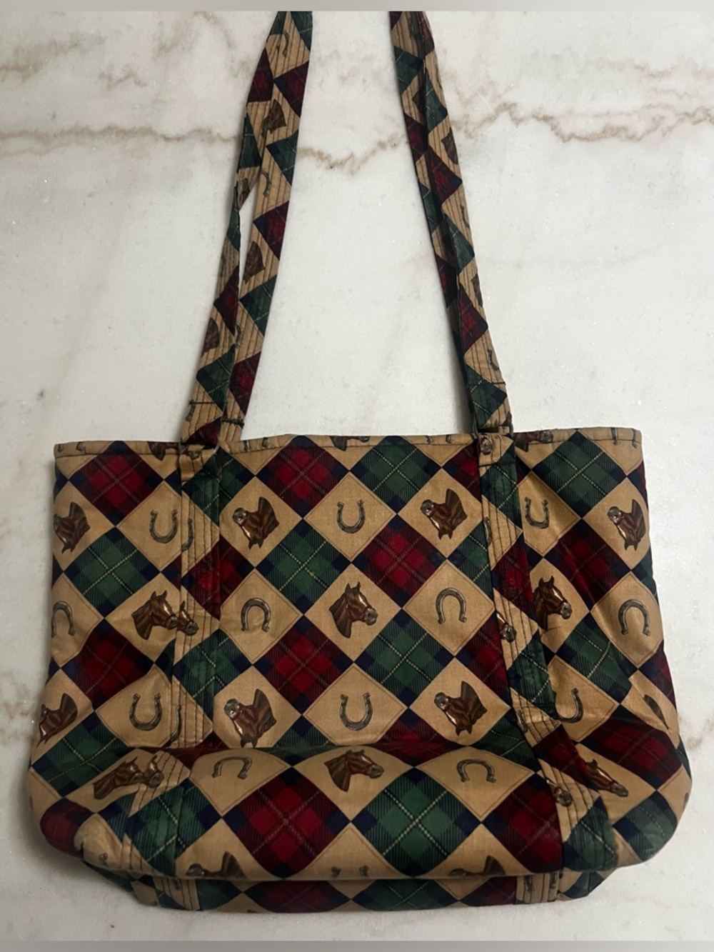 Equestrian,Diamond, Horseshoe Print Quilted Tote Bag